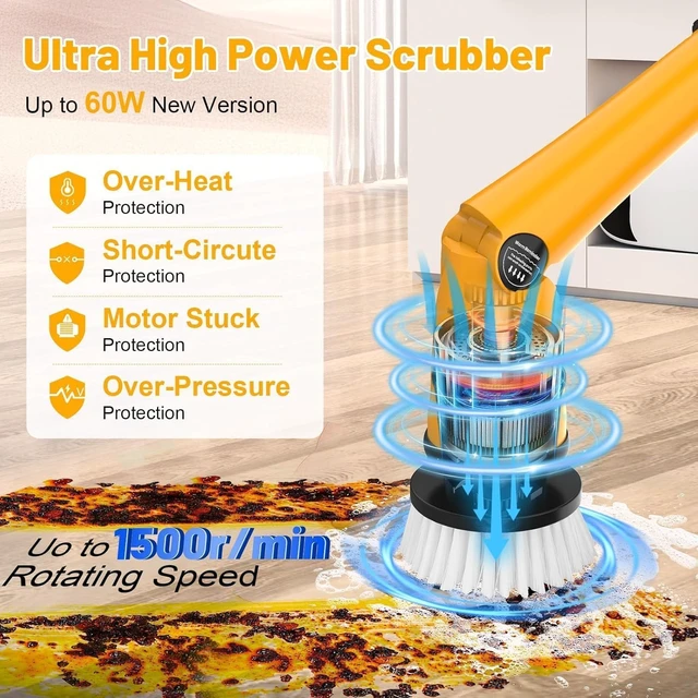 Alt view image 6 of 7 - 1500 RPM Electric Spin Scrubber for DeWalt 20V Battery, Power Shower Scrubber for Bathroom/Floor/Bathtub/Toilet/Tile,Electric Cleaning Brush with Long Handle & 8 Replaceable Brush (Yellow)