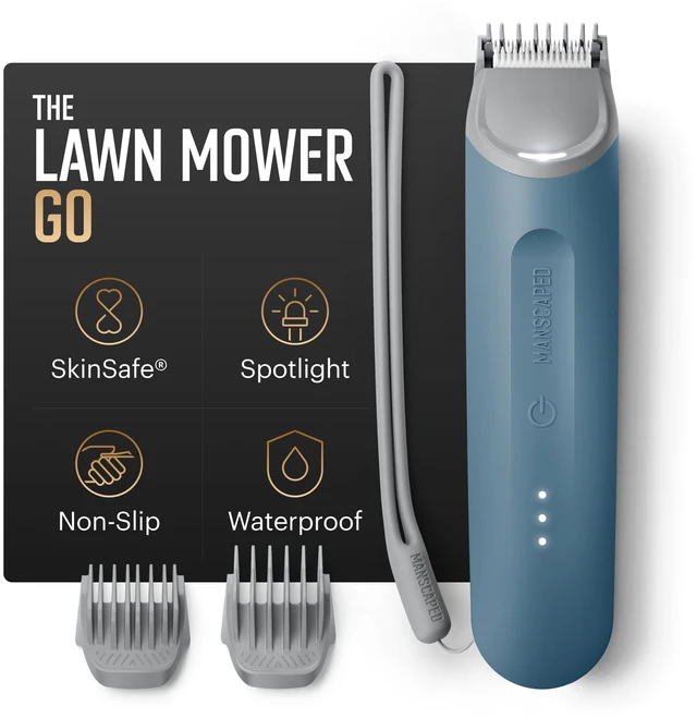 Main image of The Lawn Mower® Go Groin & Body Hair Trimmer (Mineral Blue) | Waterproof shaver for men, bikini, SkinSafe blade, USB-C charging, textured grip, up to 60-min runtime, two comb attachments