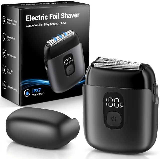 Main image of Electric Foil Shavers for Men, Mini Electric Razor with 3 Floating Blades, IPX7 Waterproof Cordless Shaver, LED Battery Display, USB-C Fast Charging & Travel Lock, Matte Grey