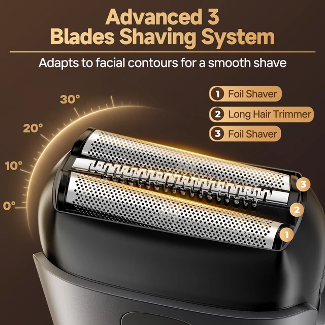 Alt view image 2 of 7 - Electric Foil Shavers for Men, Mini Electric Razor with 3 Floating Blades, IPX7 Waterproof Cordless Shaver, LED Battery Display, USB-C Fast Charging & Travel Lock, Matte Grey