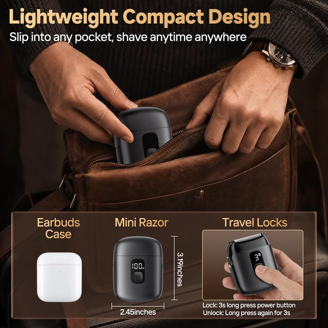 Alt view image 6 of 7 - Electric Foil Shavers for Men, Mini Electric Razor with 3 Floating Blades, IPX7 Waterproof Cordless Shaver, LED Battery Display, USB-C Fast Charging & Travel Lock, Matte Grey