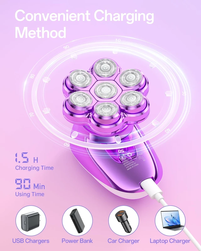 Alt view image 5 of 7 - 5-in-1 Electric Razors for Women, 7D Magnetic Heads Full Body Shaver, Waterproof Wet Dry Hair Remover with LED Display, Rechargeable Bikini Trimmer for Underarms, Face, Legs, Lips, Arms (Purple)