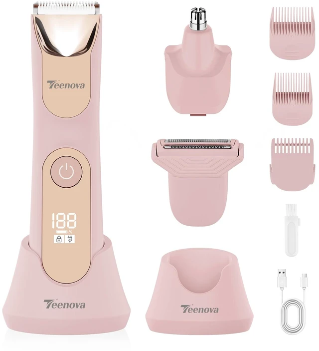 Main image of Manscape Body Hair Trimmer for Men, No Nick Pubic Bikini Trimmer for Women, 3 in 1 Versatile Groin Shaver with Nose Hair Trimmer, Cordless Dock Charging, LED Display, Wet/Dry Grommer (Pink)
