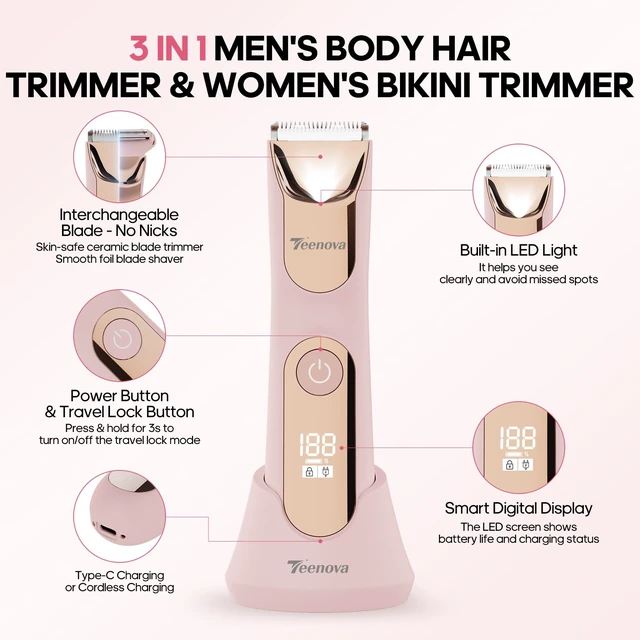 Alt view image 2 of 7 - Manscape Body Hair Trimmer for Men, No Nick Pubic Bikini Trimmer for Women, 3 in 1 Versatile Groin Shaver with Nose Hair Trimmer, Cordless Dock Charging, LED Display, Wet/Dry Grommer (Pink)