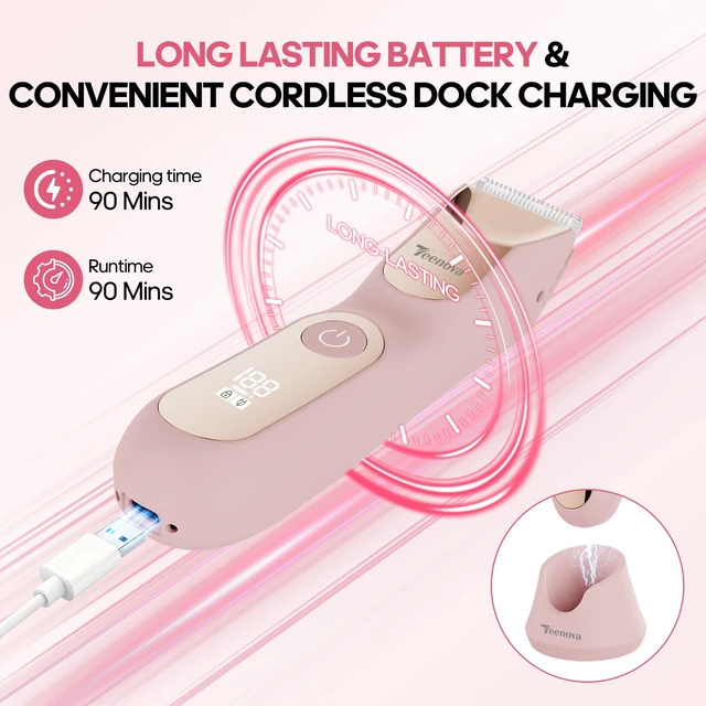 Alt view image 5 of 7 - Manscape Body Hair Trimmer for Men, No Nick Pubic Bikini Trimmer for Women, 3 in 1 Versatile Groin Shaver with Nose Hair Trimmer, Cordless Dock Charging, LED Display, Wet/Dry Grommer (Pink)
