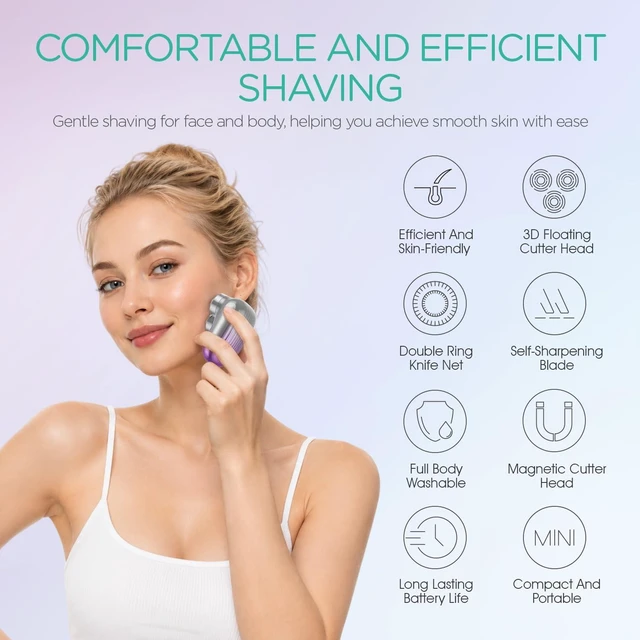 Alt view image 2 of 7 - Portable Electric Razors for Women, 3D Floating Face & Body Shaver | Mini Palm-Sized Design, Waterproof Facial Hair Removal for Women, Magnetic Head, Travel Lock & Battery Display, ES310 Purple