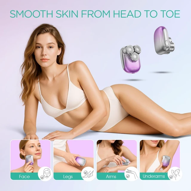 Alt view image 3 of 7 - Portable Electric Razors for Women, 3D Floating Face & Body Shaver | Mini Palm-Sized Design, Waterproof Facial Hair Removal for Women, Magnetic Head, Travel Lock & Battery Display, ES310 Purple