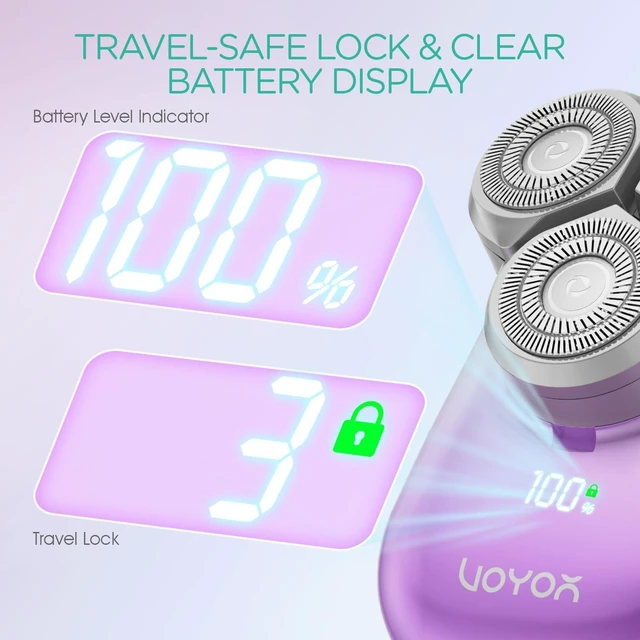 Alt view image 6 of 7 - Portable Electric Razors for Women, 3D Floating Face & Body Shaver | Mini Palm-Sized Design, Waterproof Facial Hair Removal for Women, Magnetic Head, Travel Lock & Battery Display, ES310 Purple