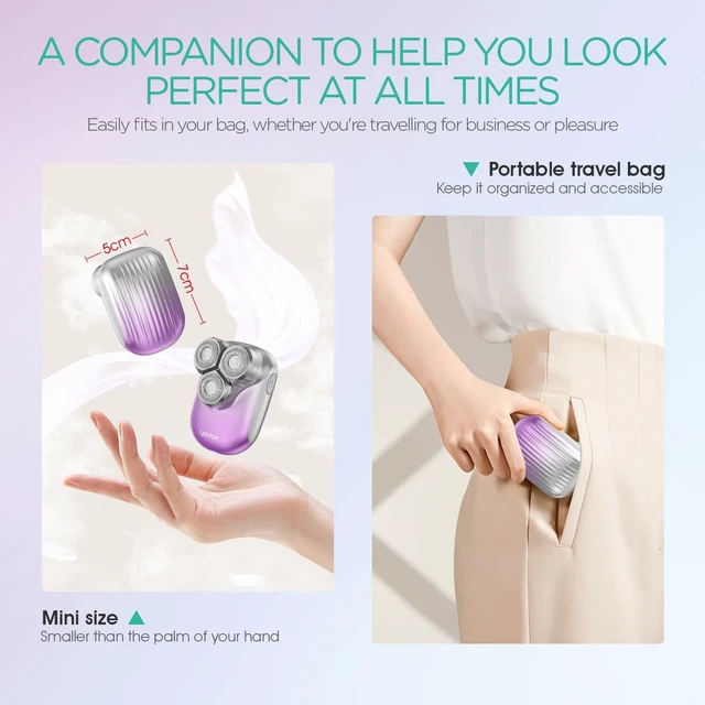 Alt view image 7 of 7 - Portable Electric Razors for Women, 3D Floating Face & Body Shaver | Mini Palm-Sized Design, Waterproof Facial Hair Removal for Women, Magnetic Head, Travel Lock & Battery Display, ES310 Purple