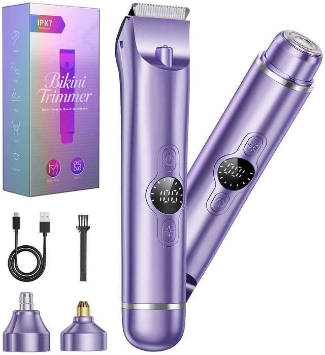 Main image of 4 in 1 Bikini Trimmer for Women, Electric Razors for Women - Dual Head, Wet & Dry Use Pubic Body Hair Trimmer Electric Shavers, Womens Facial Razors for Legs, Armpits, Bikini AreaPurple