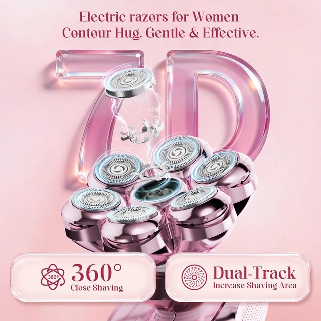 Alt view image 3 of 7 - Electric Razors for Women - 7D Electric Shaver for Women, IPX8 Waterproof with USB-C Fast Charge, LED Display, 2 Speeds & Magnetic Heads,Pink Champagne