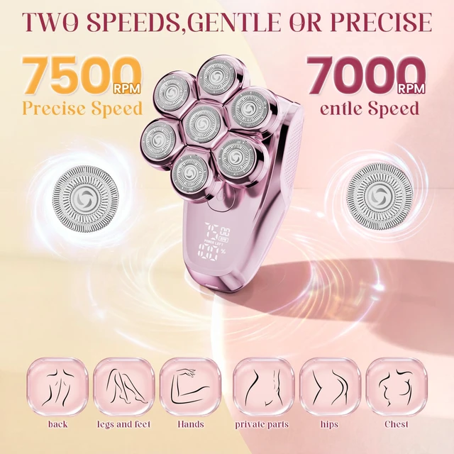Alt view image 4 of 7 - Electric Razors for Women - 7D Electric Shaver for Women, IPX8 Waterproof with USB-C Fast Charge, LED Display, 2 Speeds & Magnetic Heads,Pink Champagne