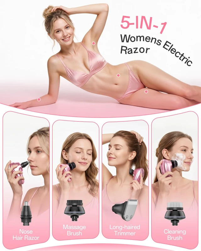 Alt view image 3 of 7 - 5-in-1 Electric Razors for Women, 7D Electric Shavers for Womens Full Body Legs, IPX7 Waterproof Wet Dry Travel Bikini Trimmers for Lady Face Bikini Arms Underarms