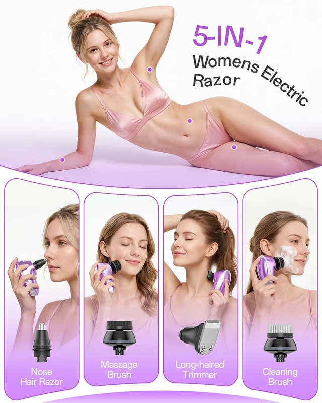 Alt view image 3 of 7 - 5-in-1 Electric Razors for Women, 7D Electric Shavers for Womens Full Body Legs, IPX7 Waterproof Wet Dry Travel Bikini Trimmers for Lady Face Bikini Arms Underarms
