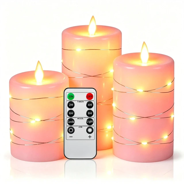 Main image of 3 Pack Pink Real Wax Flameless Taper Candles, Lifelike Flickering LED Flame Candles with Surrounding Fairy String Lights, Soft Warm Battery Candles with Remote for Home Wedding Party Decor