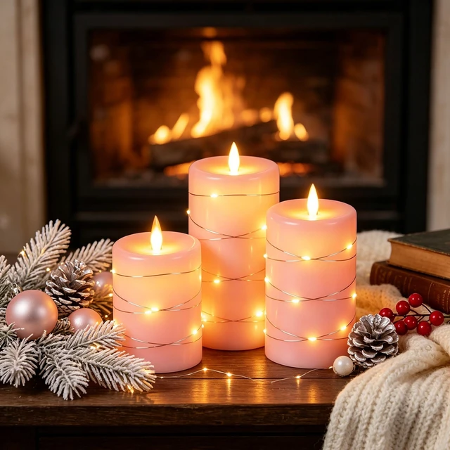 Alt view image 2 of 7 - 3 Pack Pink Real Wax Flameless Taper Candles, Lifelike Flickering LED Flame Candles with Surrounding Fairy String Lights, Soft Warm Battery Candles with Remote for Home Wedding Party Decor
