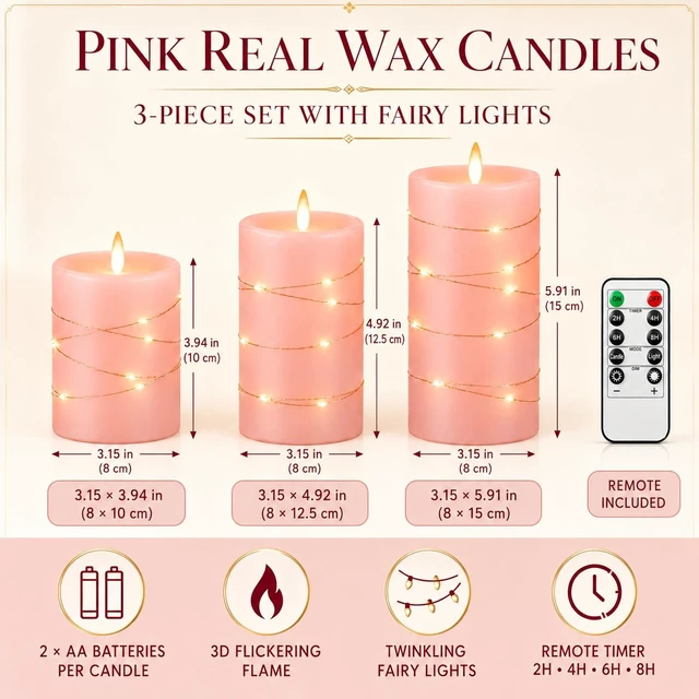 Alt view image 3 of 7 - 3 Pack Pink Real Wax Flameless Taper Candles, Lifelike Flickering LED Flame Candles with Surrounding Fairy String Lights, Soft Warm Battery Candles with Remote for Home Wedding Party Decor
