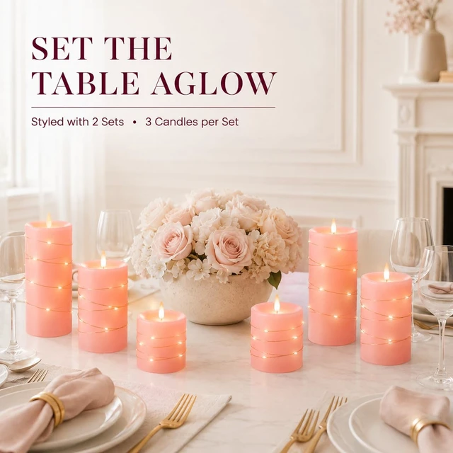 Alt view image 5 of 7 - 3 Pack Pink Real Wax Flameless Taper Candles, Lifelike Flickering LED Flame Candles with Surrounding Fairy String Lights, Soft Warm Battery Candles with Remote for Home Wedding Party Decor