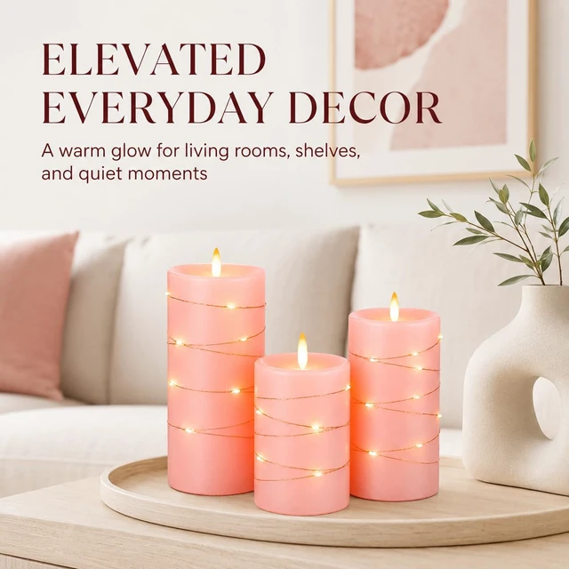 Alt view image 4 of 7 - 3 Pack Pink Real Wax Flameless Taper Candles, Lifelike Flickering LED Flame Candles with Surrounding Fairy String Lights, Soft Warm Battery Candles with Remote for Home Wedding Party Decor