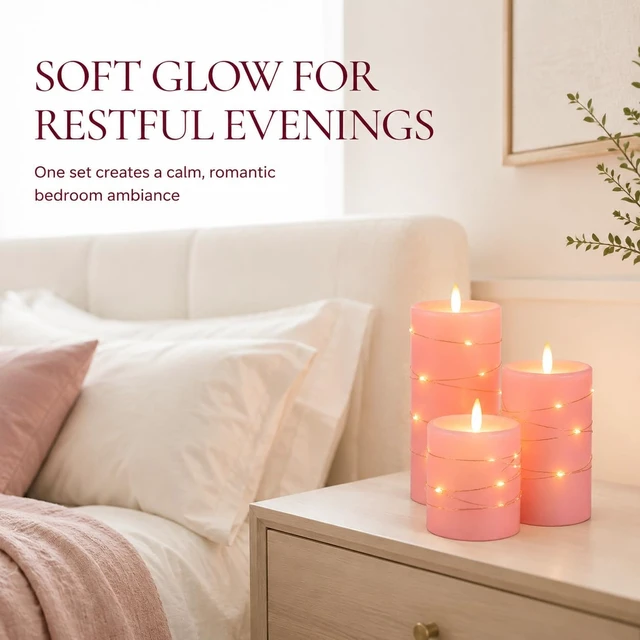Alt view image 7 of 7 - 3 Pack Pink Real Wax Flameless Taper Candles, Lifelike Flickering LED Flame Candles with Surrounding Fairy String Lights, Soft Warm Battery Candles with Remote for Home Wedding Party Decor