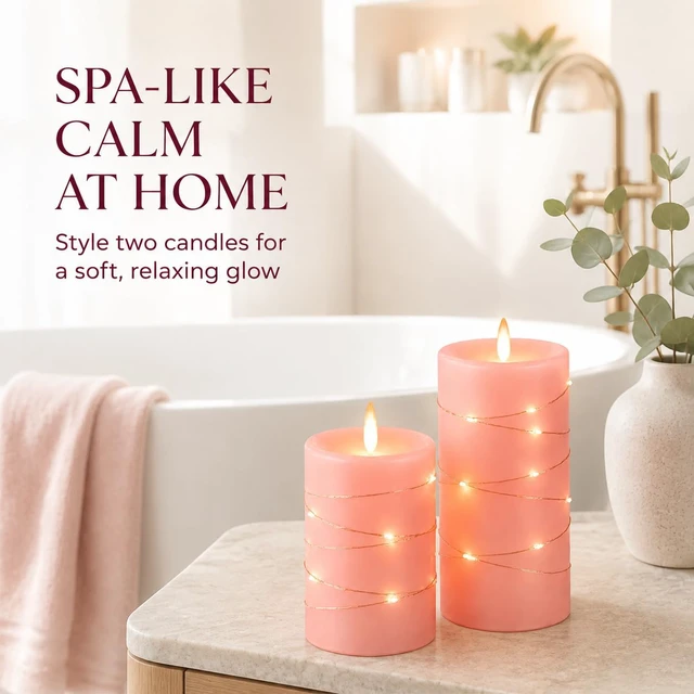 Alt view image 6 of 7 - 3 Pack Pink Real Wax Flameless Taper Candles, Lifelike Flickering LED Flame Candles with Surrounding Fairy String Lights, Soft Warm Battery Candles with Remote for Home Wedding Party Decor