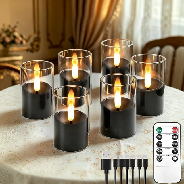 Main image of Small Rechargeable Flameless Tea Lights Candles with Timer Remote | 1.7" x 2.6" Clear Acrylic LED Flickering Candles Small Votive Electric LED Candles for Halloween Home Wedding Decor(6 Pack)