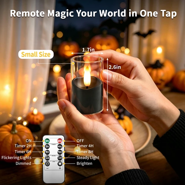 Alt view image 2 of 7 - Small Rechargeable Flameless Tea Lights Candles with Timer Remote | 1.7" x 2.6" Clear Acrylic LED Flickering Candles Small Votive Electric LED Candles for Halloween Home Wedding Decor(6 Pack)