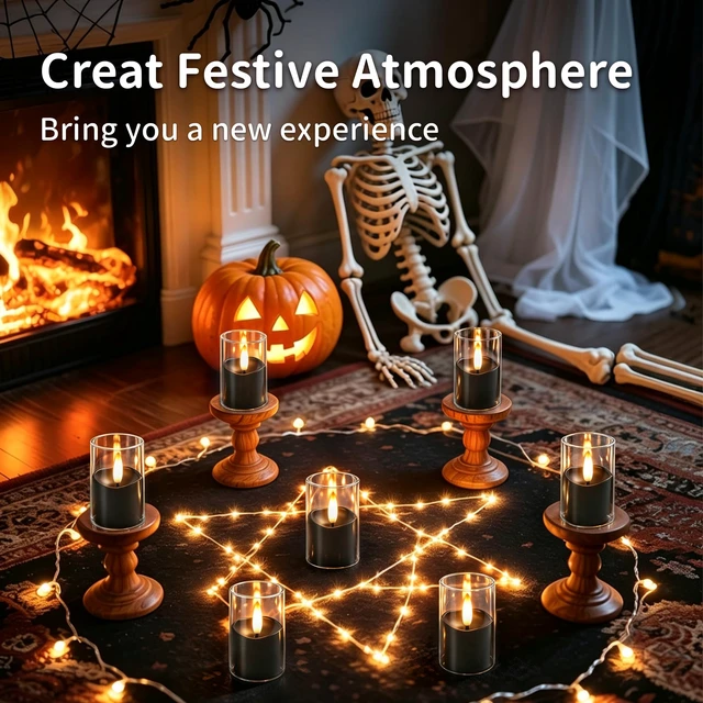 Alt view image 5 of 7 - Small Rechargeable Flameless Tea Lights Candles with Timer Remote | 1.7" x 2.6" Clear Acrylic LED Flickering Candles Small Votive Electric LED Candles for Halloween Home Wedding Decor(6 Pack)