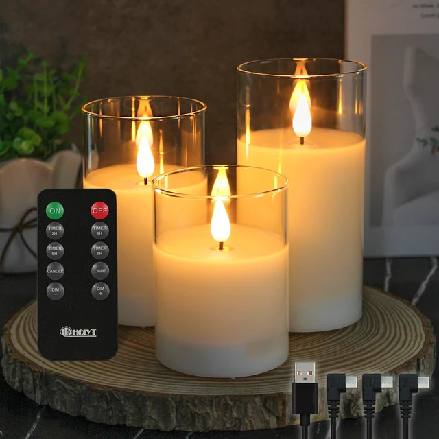 Main image of Glass Rechargeable LED Flickering Flameless Candles with Remote and Timer | Fake Candles Flickering Warm LED Flame for Centerpiece Table Decorations, Halloween, Christmas & Home Fall Decor (Pack of 3)