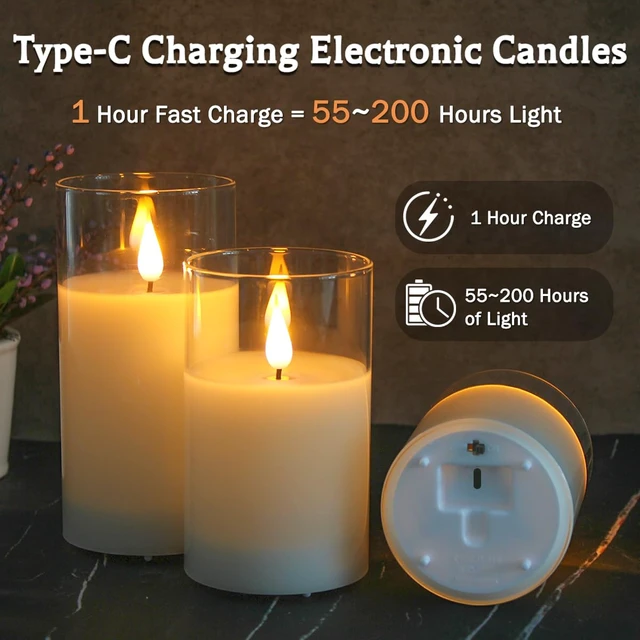 Alt view image 3 of 7 - Glass Rechargeable LED Flickering Flameless Candles with Remote and Timer | Fake Candles Flickering Warm LED Flame for Centerpiece Table Decorations, Halloween, Christmas & Home Fall Decor (Pack of 3)