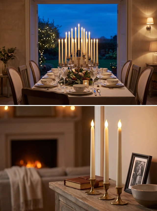 Alt view image 7 of 7 - Battery Operated LED Taper Candles,Basic,11 Inch,Ivory | 24 Pack Flameless Fake Lights with Flickering Amber Glow, Safe for Dining Weddings Church Decor, Fits Taper Holders