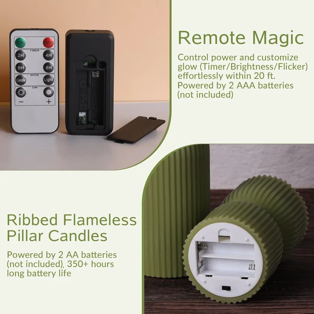 Alt view image 3 of 7 - Olive Green Ribbed Flameless Pillar Candles with Remote Set of 2 | 2 AA Battery Powered, Flickering LED Decorative Candles, Home Shelf Table Decor, Real Wax Coating