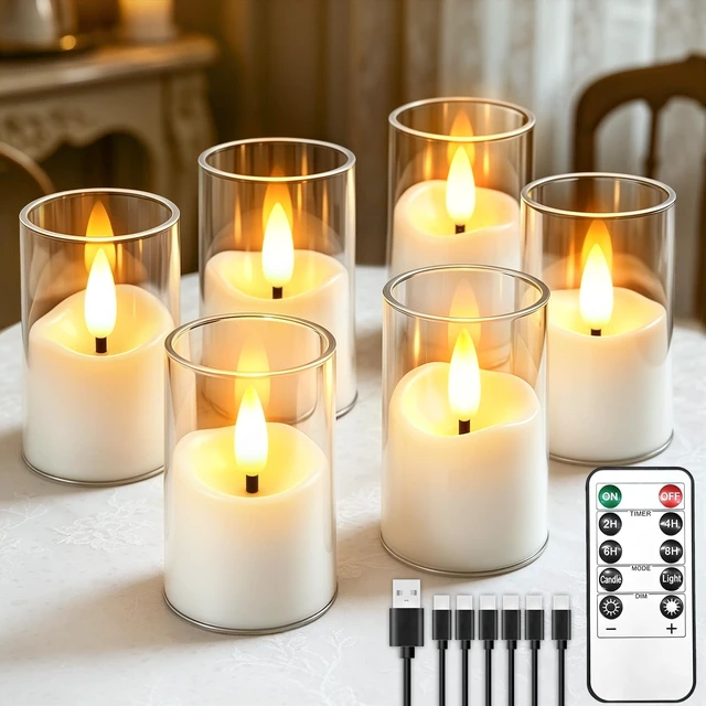 Main image of Small Rechargeable Flameless Tea Lights Candles with Timer Remote | 1.7" x 2.6" Clear Acrylic LED Flickering Candles Small Votive Electric LED Candles for Home Wedding Halloween Decor(6 Pack)