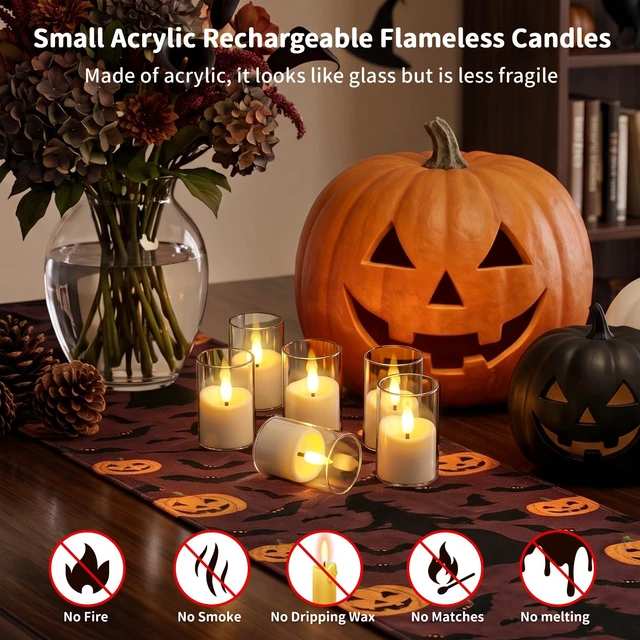 Alt view image 5 of 7 - Small Rechargeable Flameless Tea Lights Candles with Timer Remote | 1.7" x 2.6" Clear Acrylic LED Flickering Candles Small Votive Electric LED Candles for Home Wedding Halloween Decor(6 Pack)
