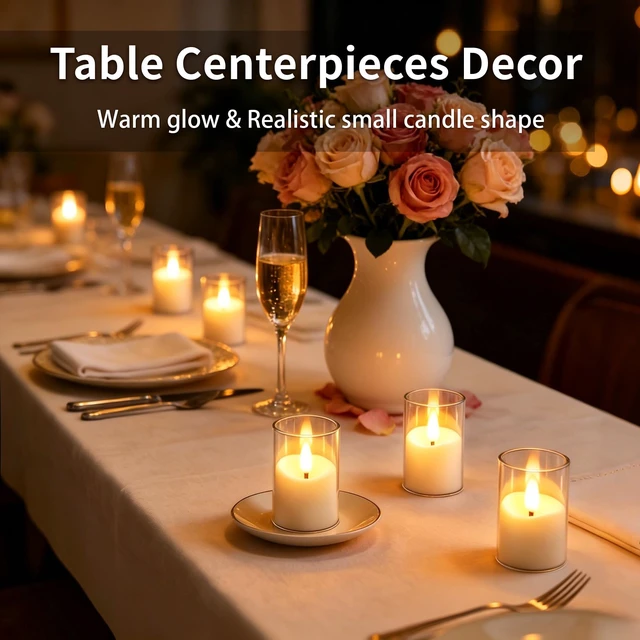 Alt view image 7 of 7 - Small Rechargeable Flameless Tea Lights Candles with Timer Remote | 1.7" x 2.6" Clear Acrylic LED Flickering Candles Small Votive Electric LED Candles for Home Wedding Halloween Decor(6 Pack)