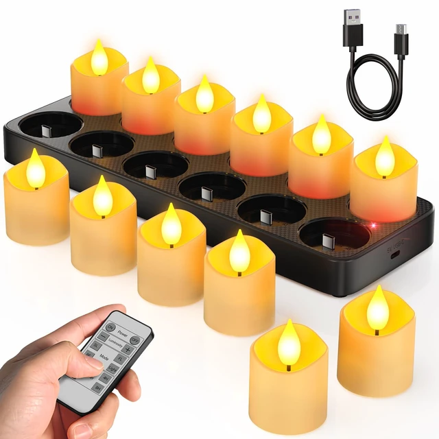 Main image of Flameless Candles with Remote Timer & Charging Base, 12pcs USB Rechargeable Battery Flickering LED Small Votives Lights for Table Dinner Weddings Holidays General Decor, No Battery Required