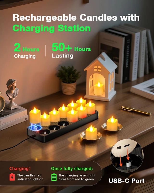 Alt view image 2 of 7 - Flameless Candles with Remote Timer & Charging Base, 12pcs USB Rechargeable Battery Flickering LED Small Votives Lights for Table Dinner Weddings Holidays General Decor, No Battery Required