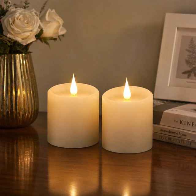 Main image of Flickering Flameless Candles with 3D Moving Flame, Real Wax Battery Operated Candles with Timer and Remote, Last 600+ Hours, 3" x 3" LED Fake Candles for Home Wedding Christmas Decor, 2 Pack