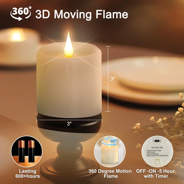 Alt view image 2 of 7 - Flickering Flameless Candles with 3D Moving Flame, Real Wax Battery Operated Candles with Timer and Remote, Last 600+ Hours, 3" x 3" LED Fake Candles for Home Wedding Christmas Decor, 2 Pack