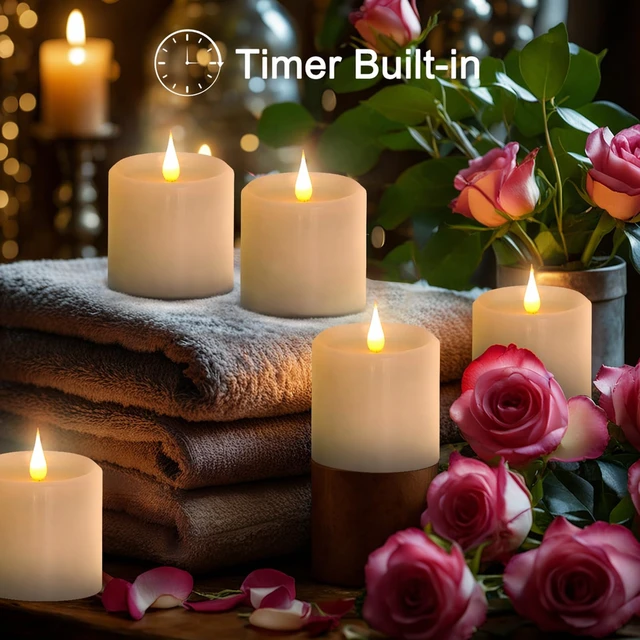 Alt view image 3 of 7 - Flickering Flameless Candles with 3D Moving Flame, Real Wax Battery Operated Candles with Timer and Remote, Last 600+ Hours, 3" x 3" LED Fake Candles for Home Wedding Christmas Decor, 2 Pack