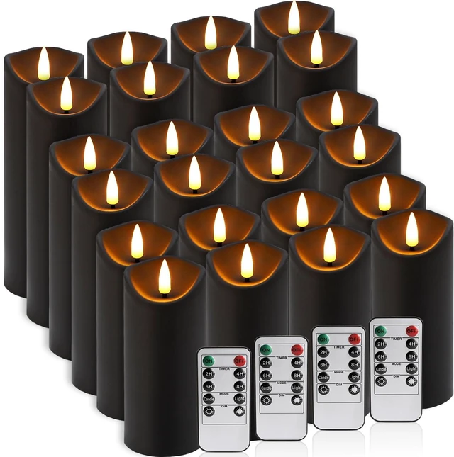 Main image of 24 Pack Halloween Decoration Flickering Flameless Candles, Battery Operated LED Pillar Candles with Remote Control and Timer.for Home Decor (D2.2 xH 5" 6" 7" Black)
