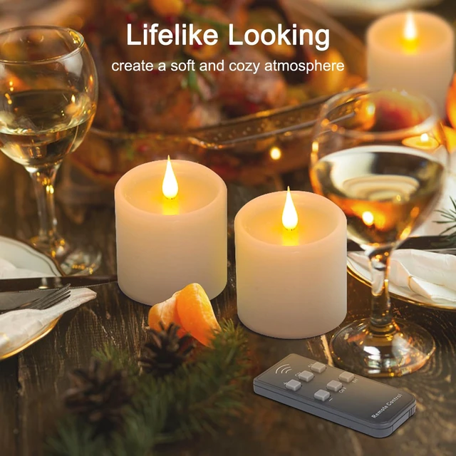 Alt view image 4 of 7 - Flickering Flameless Candles with 3D Moving Flame, Real Wax Battery Operated Candles with Timer and Remote, Last 600+ Hours, 3" x 3" LED Fake Candles for Home Wedding Christmas Decor, 2 Pack