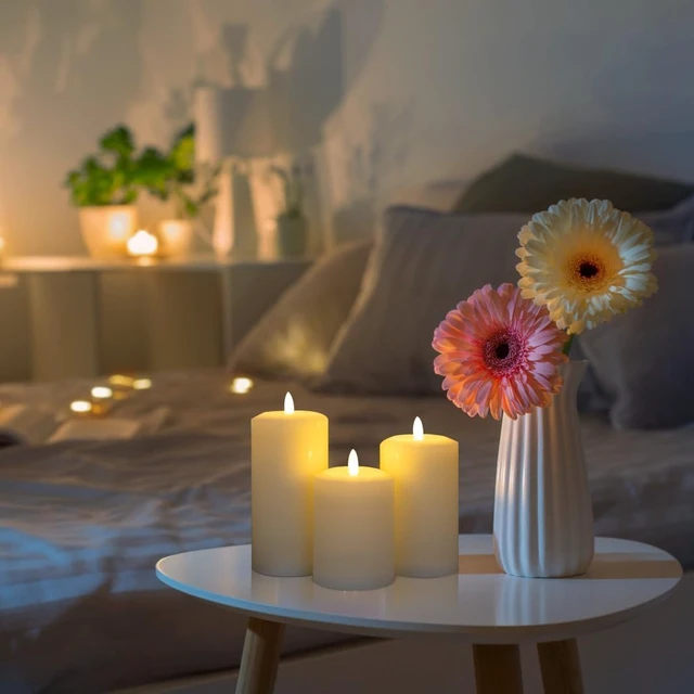 Alt view image 4 of 7 - Flameless Pillar Candles with Remote, Real Wax Electric Candles | Ivory Battery Operated LED Candle with Timer for Home Living Room, Bedroom, Party Decor, Set of 3