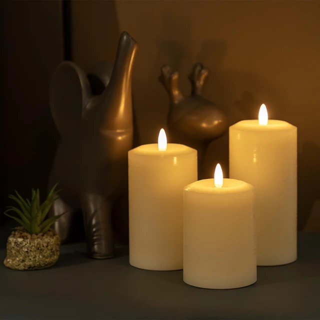 Alt view image 2 of 7 - Flameless Pillar Candles with Remote, Real Wax Electric Candles | Ivory Battery Operated LED Candle with Timer for Home Living Room, Bedroom, Party Decor, Set of 3