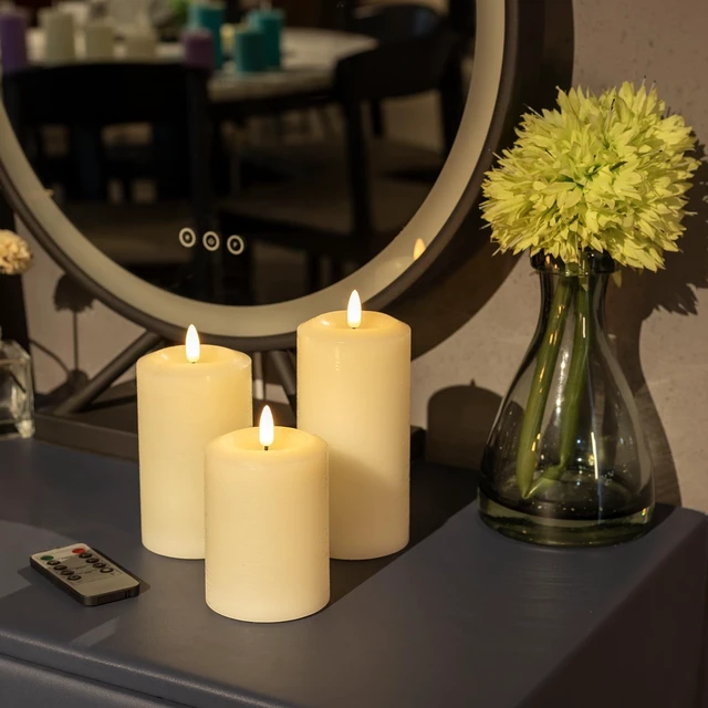 Alt view image 3 of 7 - Flameless Pillar Candles with Remote, Real Wax Electric Candles | Ivory Battery Operated LED Candle with Timer for Home Living Room, Bedroom, Party Decor, Set of 3