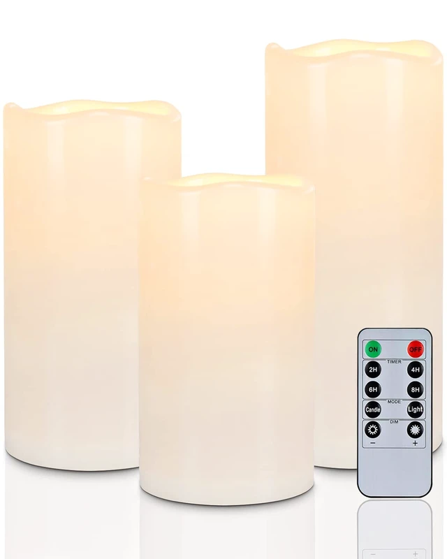 Main image of 6" 8" 10" x 4" Waterproof Outdoor Flameless Candles, Battery Operated Flickering LED Pillar Candles with Remote and Timers for Indoor, Plastic, Ivory White