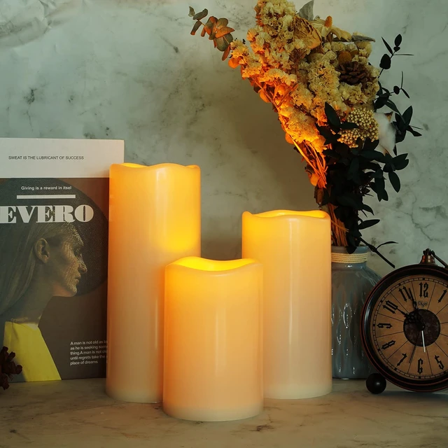 Alt view image 6 of 7 - 6" 8" 10" x 4" Waterproof Outdoor Flameless Candles, Battery Operated Flickering LED Pillar Candles with Remote and Timers for Indoor, Plastic, Ivory White