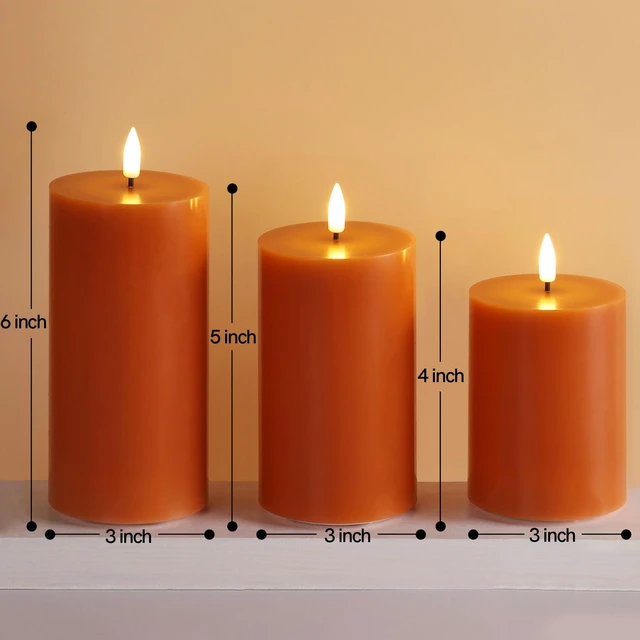 Alt view image 2 of 7 - Burnt Orange Fall Halloween Flameless Pillar Candles with Remote Set of 3 | Flickering LED Wax Candles, Thanksgiving Autumn Shelf Table Decor, 2 AA Battery Power, Flat Top