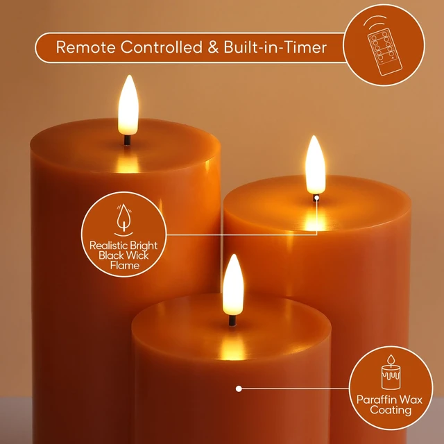 Alt view image 4 of 7 - Burnt Orange Fall Halloween Flameless Pillar Candles with Remote Set of 3 | Flickering LED Wax Candles, Thanksgiving Autumn Shelf Table Decor, 2 AA Battery Power, Flat Top