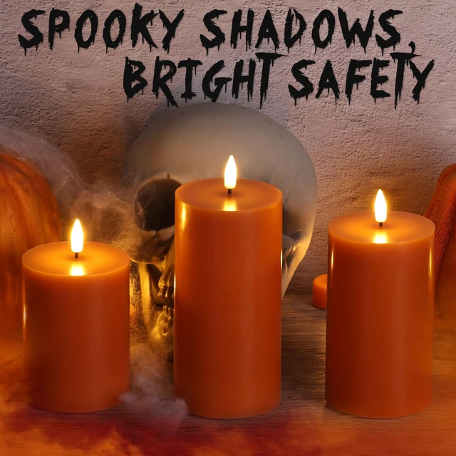 Alt view image 5 of 7 - Burnt Orange Fall Halloween Flameless Pillar Candles with Remote Set of 3 | Flickering LED Wax Candles, Thanksgiving Autumn Shelf Table Decor, 2 AA Battery Power, Flat Top